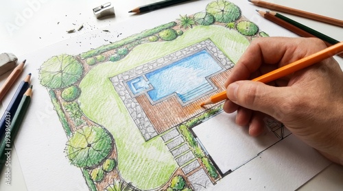 landscape designer's hands drawing and coloring a detailed backyard garden plan featuring a swimming pool, stone pathways, and wooden deck using colored pencils.