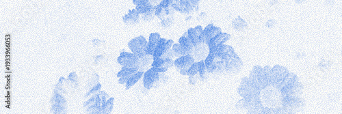 Blue cyanotype chamomile botanical background. Stipple dot overlay texture with flower and twig silhouette. Delicate indigo blue nature banner for template and graphic design project.