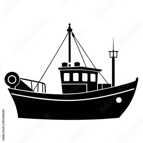 A fishing boat silhouette illustration on white background 