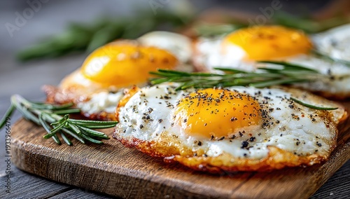 Close-up of three sunny-side-up fried eggs with black pepper, rosemary, on wooden cutting board