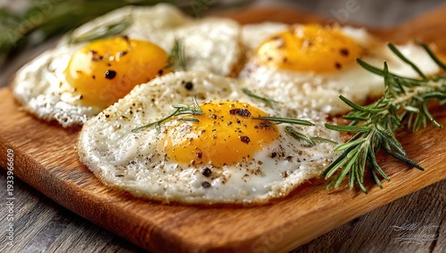 Three sunny-side-up eggs seasoned, on wooden cutting board, with fresh herbs