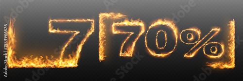 Seventy percent discount sign made of fire with burning frame and flames on transparent background