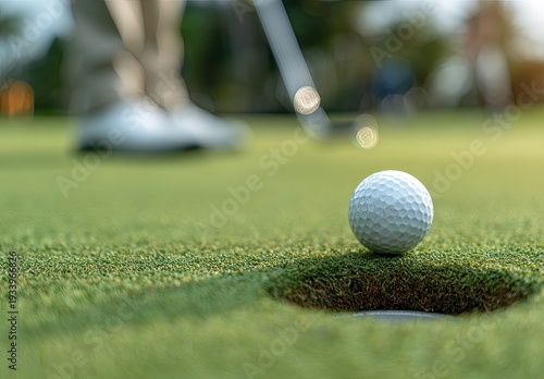 Close-up of a golf ball near the hole on green, player about to swing, blurred background