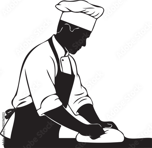 Chef in hat and apron kneading dough on table professional cooking