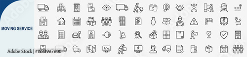 Moving service icons set, outline style, relocation and home delivery symbols