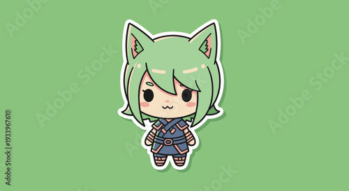 Chibi character with green hair and cat ears standing alone on green background illustration view