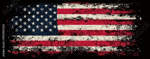 A weathered flag features alternating red and white stripes with blue canton of stars on a black background