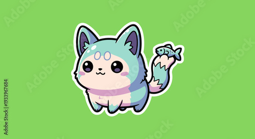 Adorable cartoon cat with blue fur and purple accents standing on a green background viewed from front.