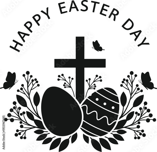 Easter sunday celebration happy easter day with cross easter eggs and floral decorations