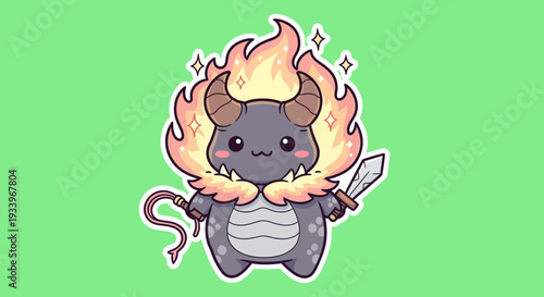 Cute cartoon monster with flames and knife standing on light green background illustration