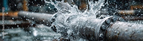 A high-pressure water pipe bursts, spraying water forcefully in multiple directions.