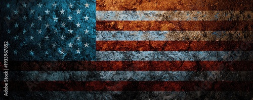 A weathered and textured depiction of a national flag, featuring a field of stars and horizontal stripes