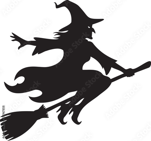 Witch silhouette flying on broomstick with hat and flowing dress