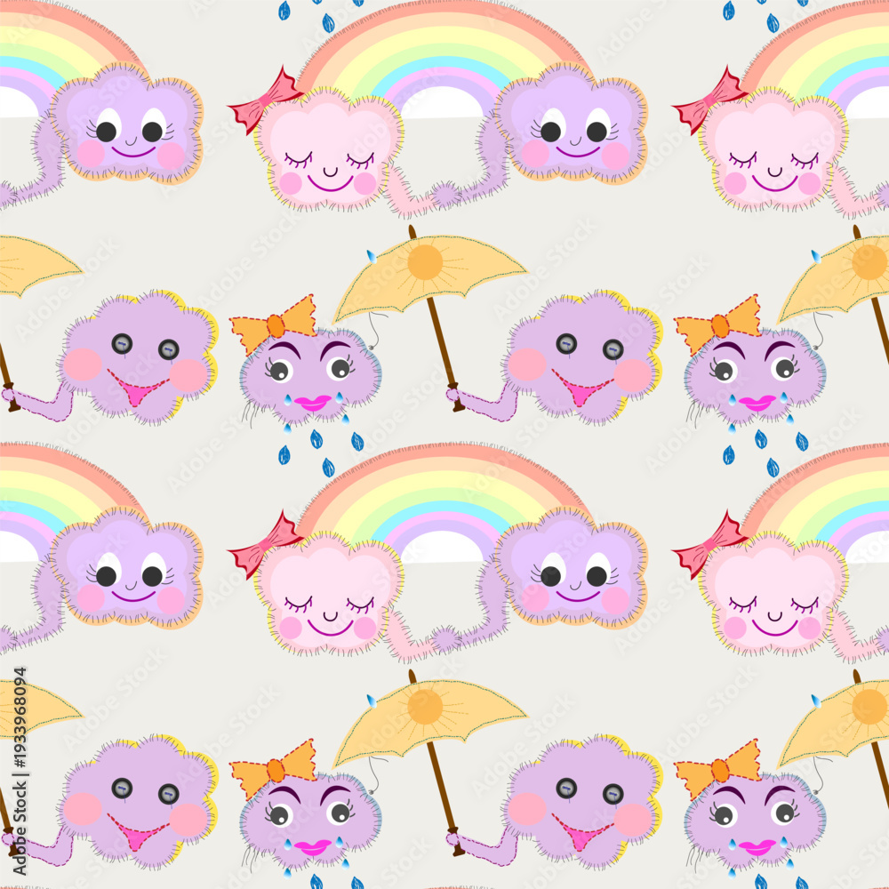 Obraz premium Hand-stitched patchwork applique pattern cute fluffy pink clouds