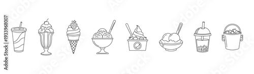 Ice cream and cold beverage line icon set.  Editable stroke. Vector illustration.	