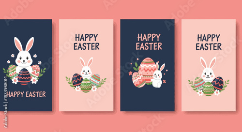 Easter-themed illustrations featuring bunnies and eggs in various designs on cards