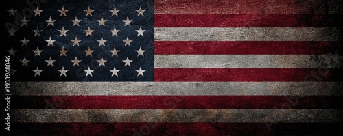 A weathered, patriotic design, featuring a field of stars and alternating red and white stripes