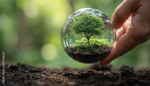 Close-up of a hand holding a crystal ball with a tree and moss inside, set against a green bokeh backdrop