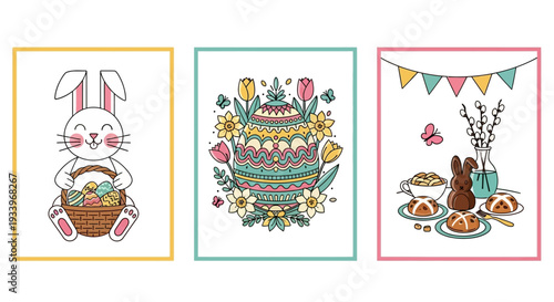 Festive Easter illustrations featuring bunny, cake, and decorations in a celebratory setting from a straightforward viewpoint
