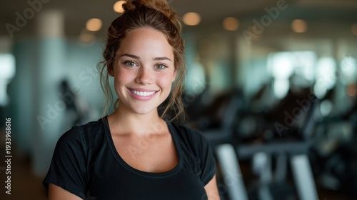 A cheerful young woman stands confidently in a gym, showcasing her fitness journey and uplifting spirit amidst modern gym equipment, ready for her workout routine with enthusiasm.