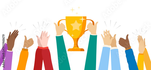 Hands holding gold award trophy and clapping different people. Vector horizontal border. Isolated decoration element.