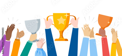 Hands holding gold, silver and bronze award trophy with clapping different people. Vector horizontal border. Isolated decoration element.