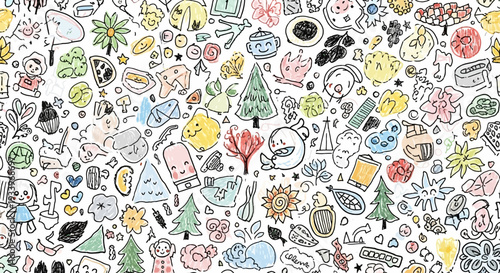 A vibrant collection of doodles illustrating various objects and symbols from nature and daily life in a playful and colorful arrangement from a straightforward viewpoint