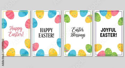 Easter greeting cards with colorful eggs and festive messages displayed together on a gray surface