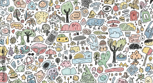 Various cartoon elements including houses, trees, and vehicles in a playful, illustrative style from a direct viewpoint.