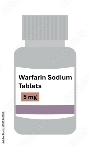Flat vector illustration of a Warfarin Sodium Tablets 5 mg medicine bottle. Anticoagulant medication used for blood thinning, prevention of blood clots. Medical pharmacy isolated on white background.