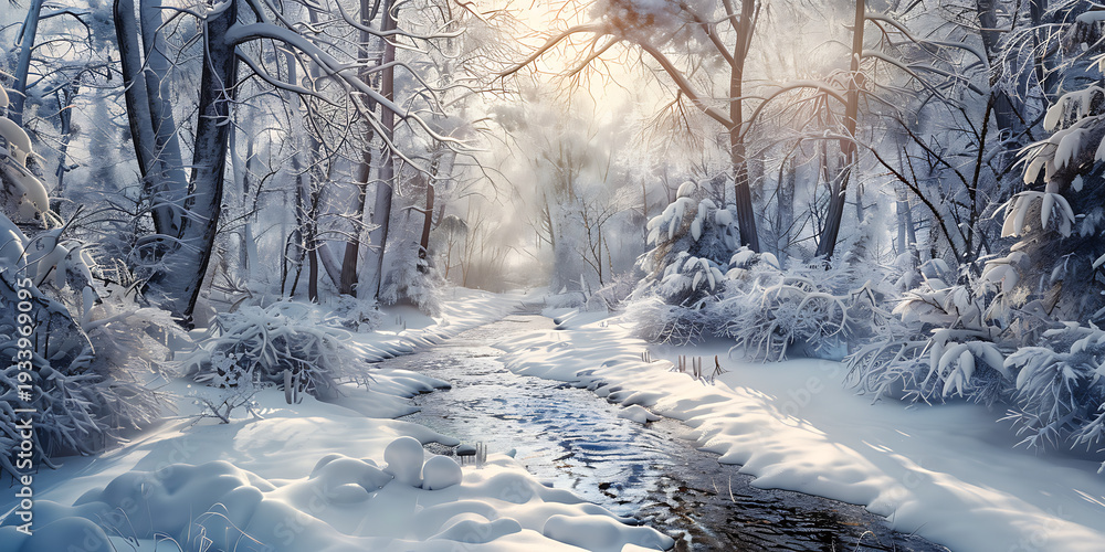 Fototapeta premium Snow-Covered Forest with Sunlit Winding Stream