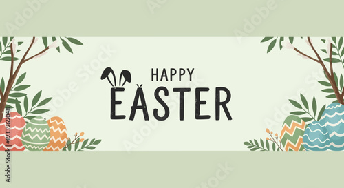 Festive Easter greeting card with decorated eggs and branches in a serene environment