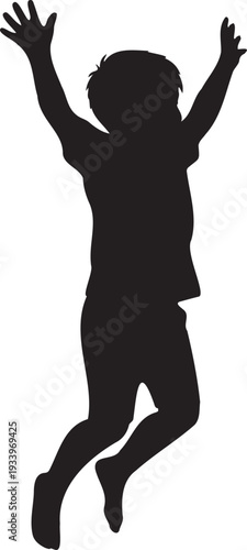 Silhouette of child jumping with arms raised in celebration