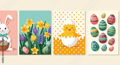 A vibrant Easter-themed illustration collage featuring a bunny, flowers, chick, and eggs in a festive holiday display