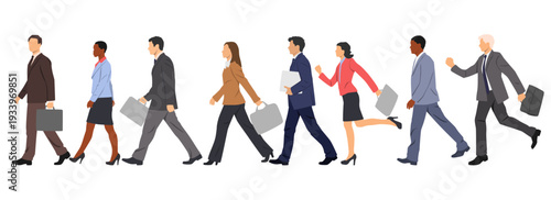 Standing and walking people, men and women, side view, profile, different colors, cartoon character, group silhouettes, office fashion, flat design concept, isolated on white background