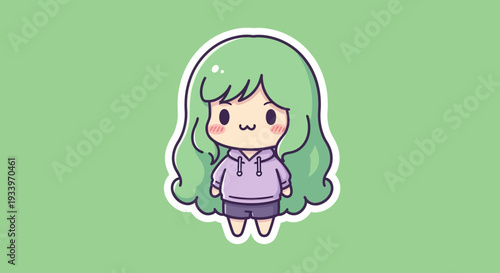 A cartoon girl character with long green hair stands smiling on a green background illustration