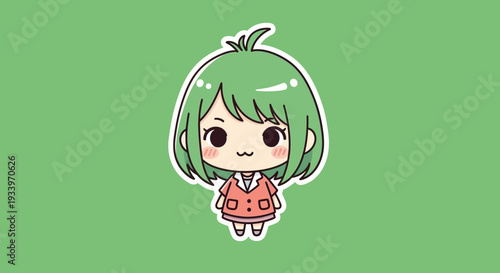 A cartoon girl with green hair stands alone on a green background illustration