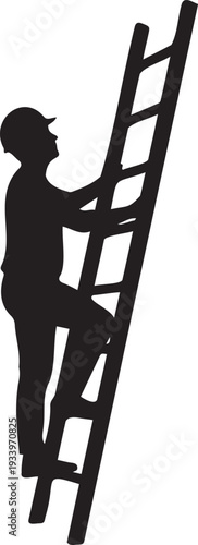 Worker silhouette climbing tall ladder wearing protective safety hat