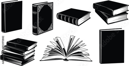 Book silhouettes collection, stacked books, ornate cover design, open and closed books, literature icons, school elements, reading symbols, academic illustration bundle