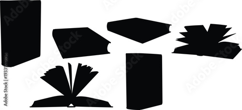 Book silhouettes collection, open and closed books, flipping pages, literature icons, school design elements, reading symbols, academic illustration bundle set