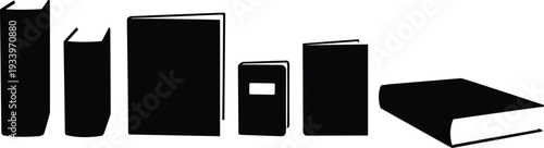 Book silhouettes collection, upright and leaning books, open pages, literature icons, school design elements, reading symbols, academic illustration bundle set