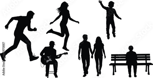 Human silhouettes collection, running and jumping figures, guitar player, walking couple, sitting person, lifestyle icons, activity illustration bundle set