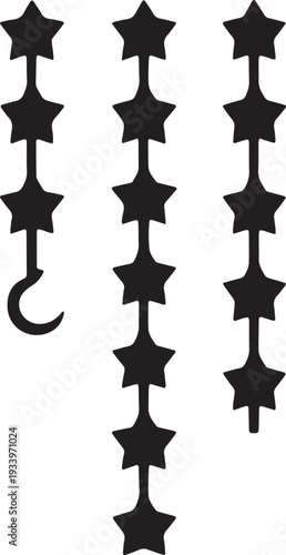 Black silhouette of different styles and forms of hanging stars in a row and a question mark