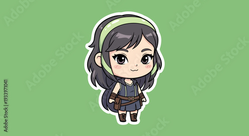 A young cartoon female character stands smiling wearing headphones and a blue dress on a green background illustration