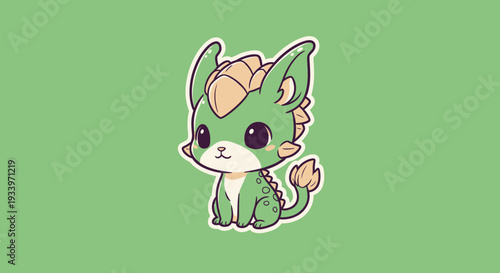 Cute cartoon dragon character sitting alone on a green background viewed from the side, illustration.