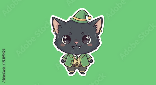 A cartoon black cat wearing green attire stands against a green background illustration