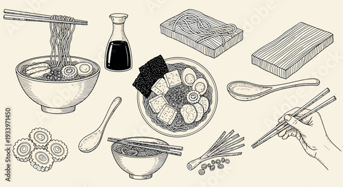 Ramen Ingredients and Cooking Utensils Set, Hand Drawn Vector 