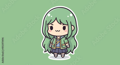 A cartoon girl with long green hair standing on a white surface in a green environment viewed from the front.