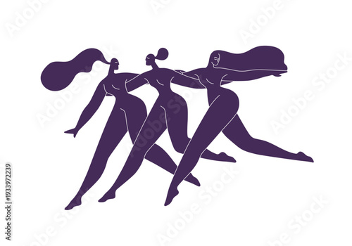 Group of women with naked bodies is running together. Silhouettes of nude girls in boho style. Abstract shadows of dancing people. Sisterhood Matisse art. Flat isolated vector illustration on white