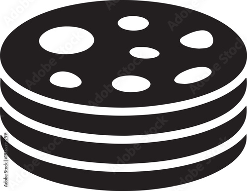 Stack of round items with holes, perhaps cookies or cheese, black silhouette
